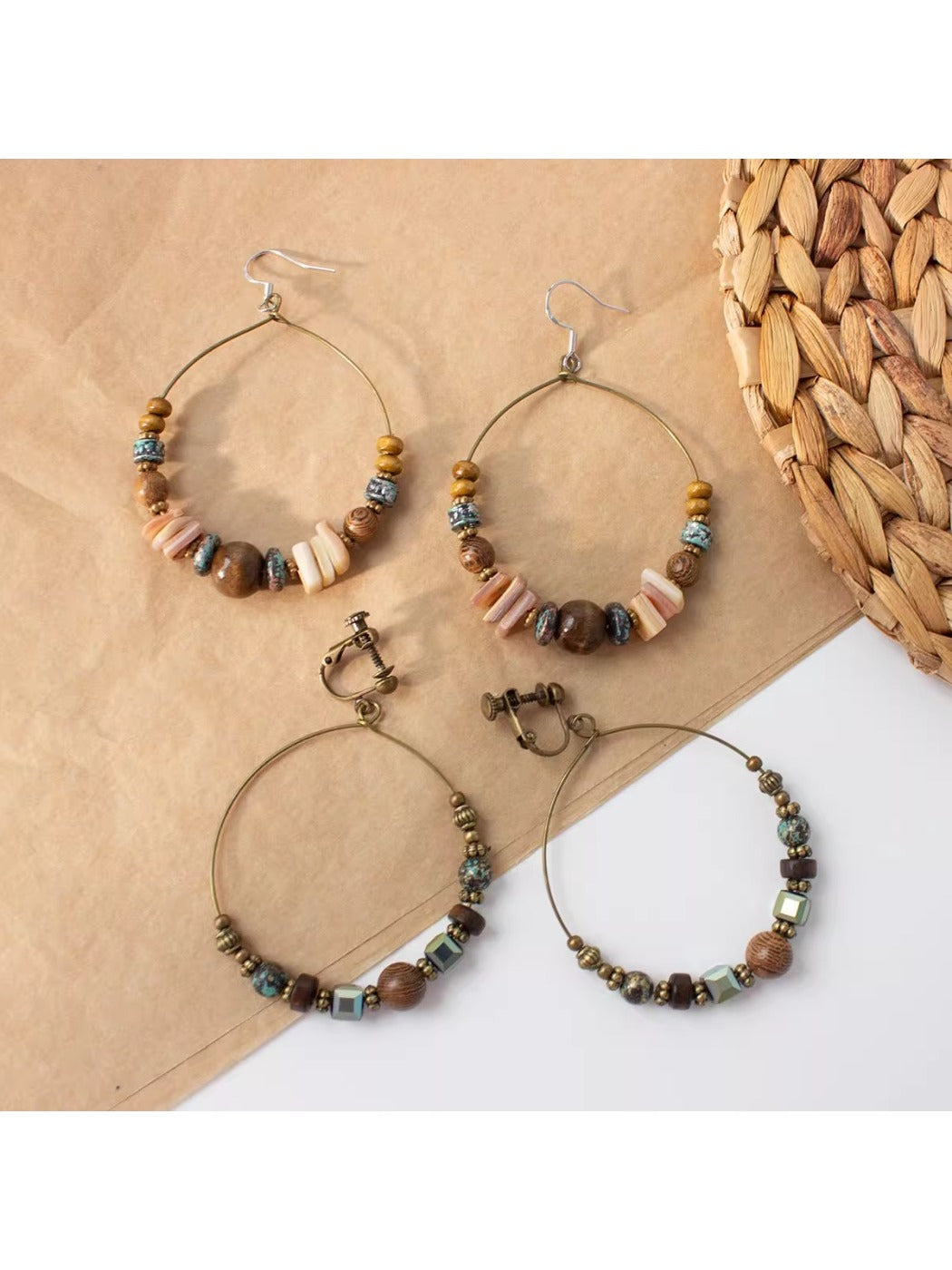 Earwish - Boho Vintage Beaded Hoop Earrings - Brown & Chic