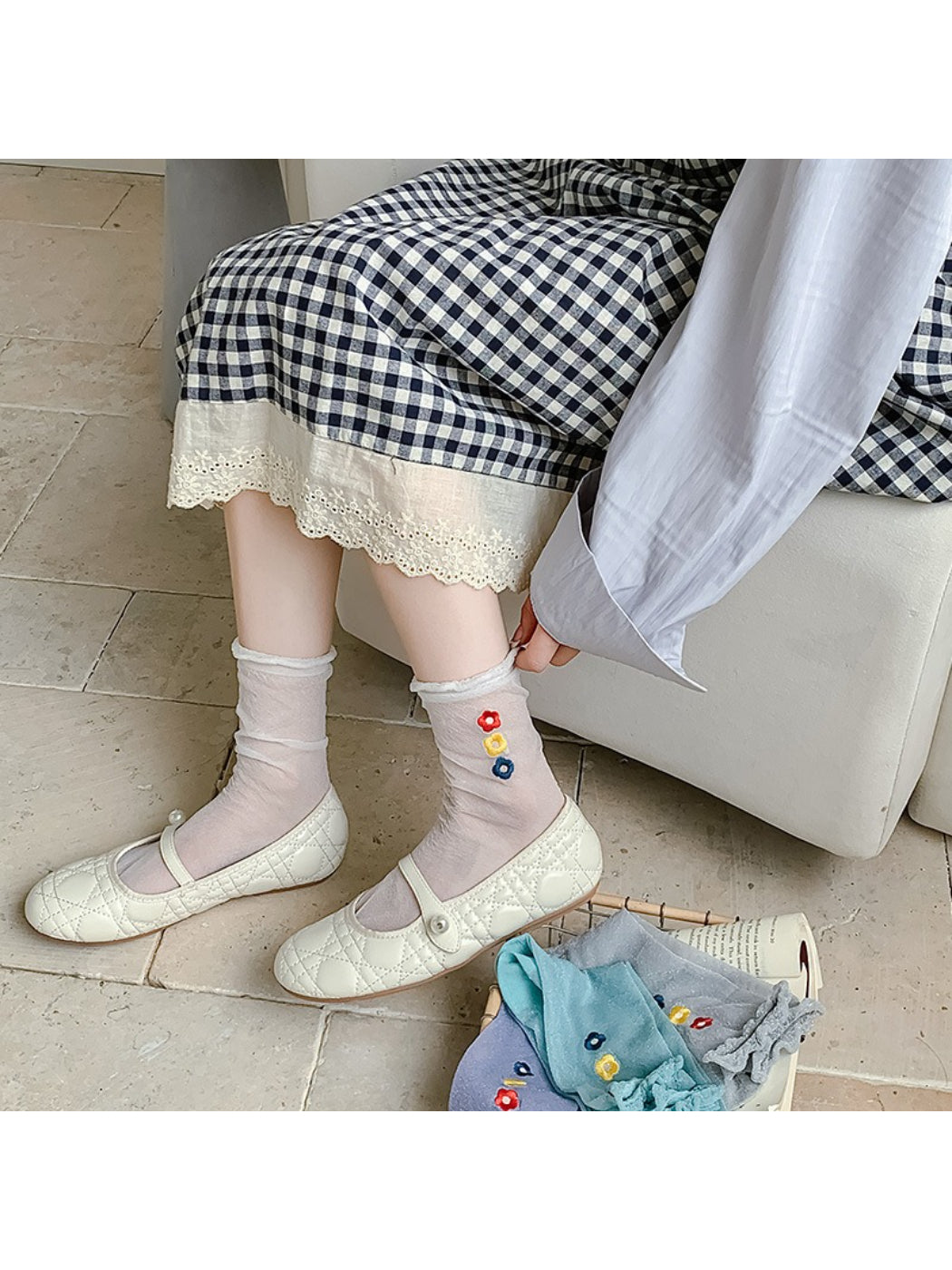 Rufia Sweet Flower Detail Crew Socks worn with casual shoes and rolled-up jeans