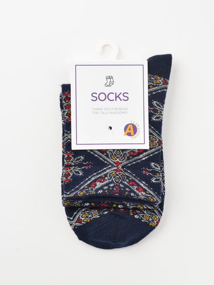 Rufia - Retro Mid-calf Socks with Diamond Floral Patterns