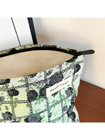 Cosbai - Floral and Grid Pattern Zip Pouch