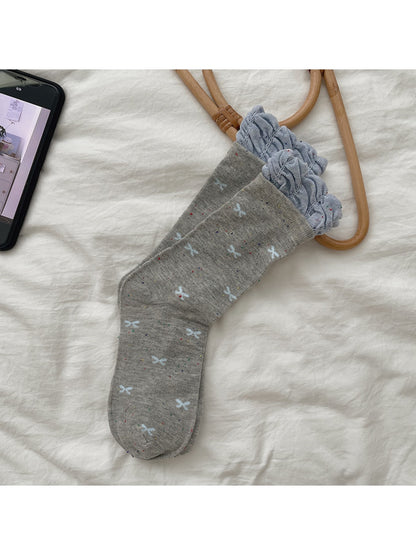 Rufia - Bow Pattern Ruffle Cuff Casual Crew Socks