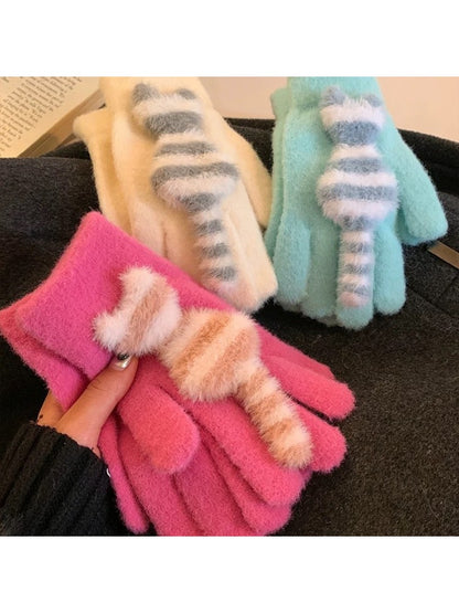 Gloving - Cozy Cat Striped Knit Gloves for Women