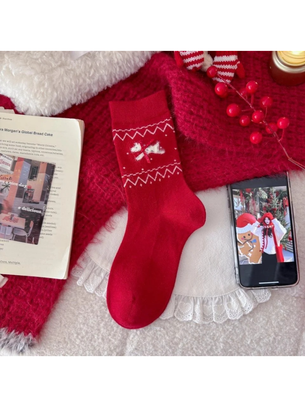 Rufia - Red and White Nordic Pattern Crew Socks