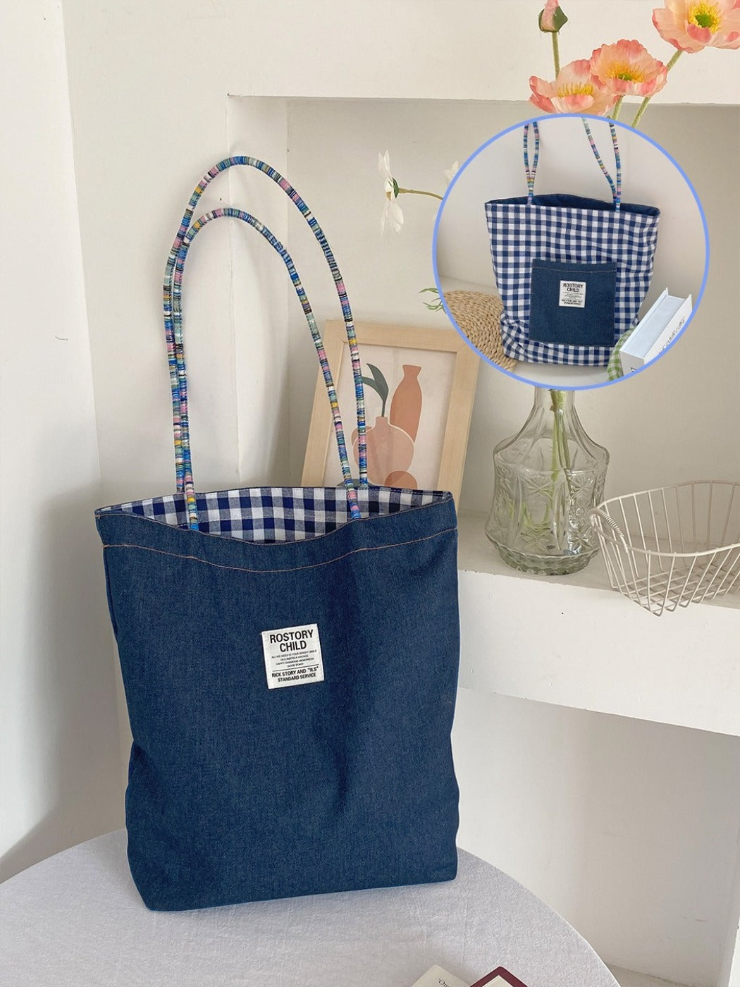 Cosbai – Vintage Denim & Plaid Reversible Tote Bag