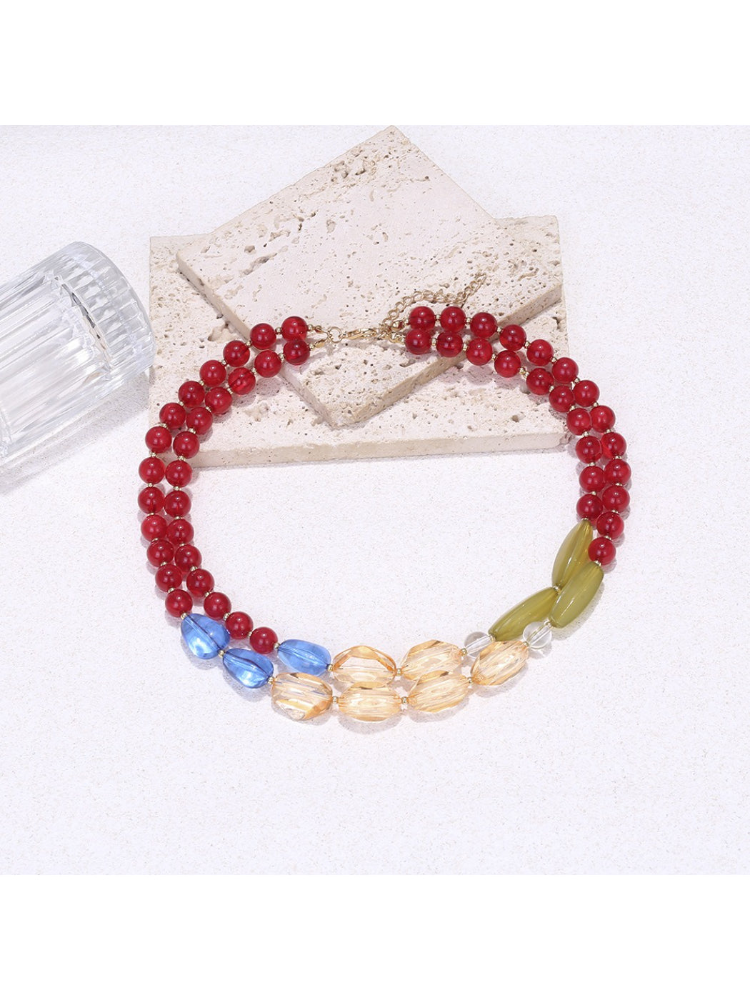 Close-up of Neckit color block beaded statement necklace showing detailed bead arrangement