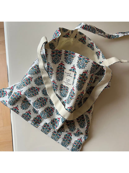 Cosbai - Retro Floral Print Open Top Tote Bag