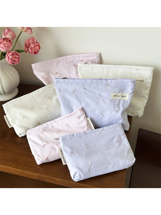 Cosbai Soft Stripe Heart Makeup Organizer Bag front view with heart pattern and