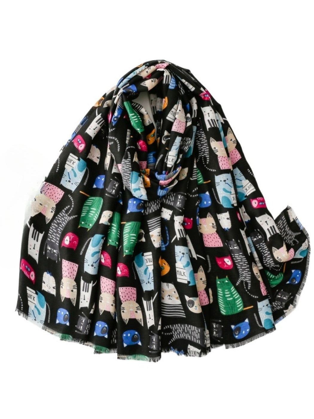 Model wearing Scarvii colourful cat sketch scarf draped around neck