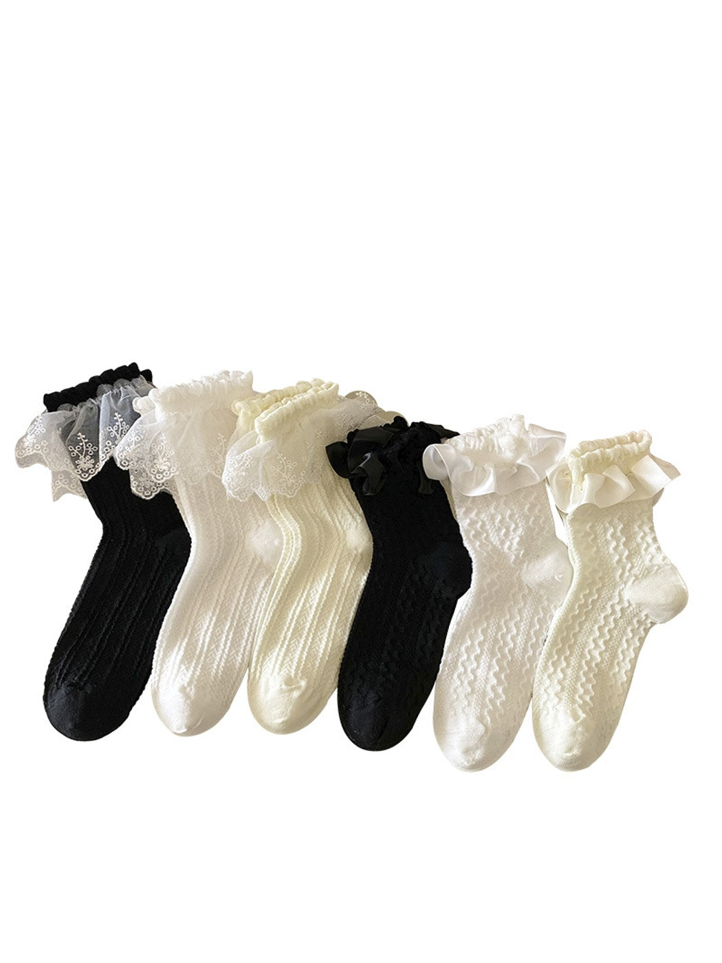 Rufia - Ruffle Trim Solid Color Crew Socks