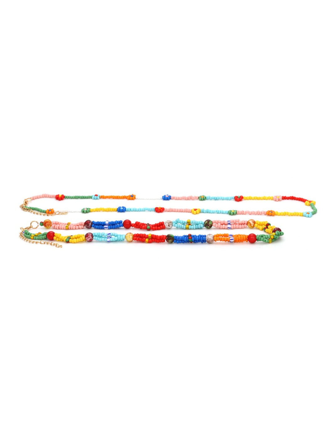 Neckit multi strand beaded necklace with floral detail worn on a model's neck