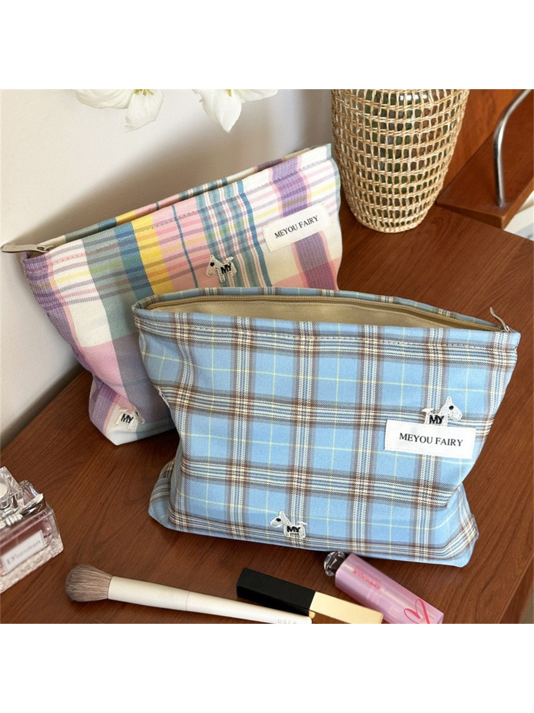 Side view of Cosbai Classic Plaid Travel Cosmetic Pouch showing plaid pattern