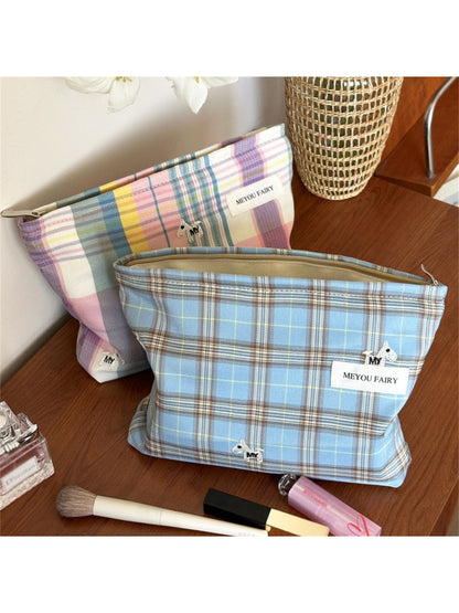 Side view of Cosbai Classic Plaid Travel Cosmetic Pouch showing plaid pattern