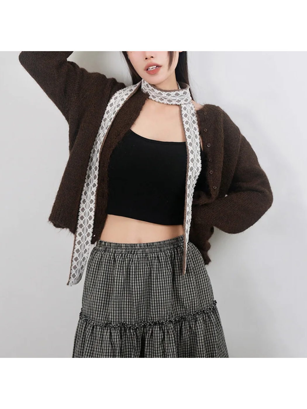 Scarvii - Floral Lace Overlay Skinny Scarf