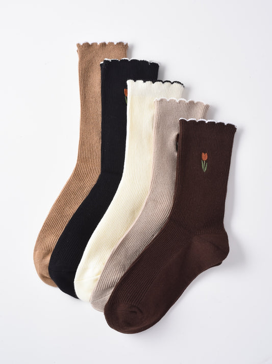 Rufia - Solid-Color Floral Tulip Socks - Sweet & Classic
