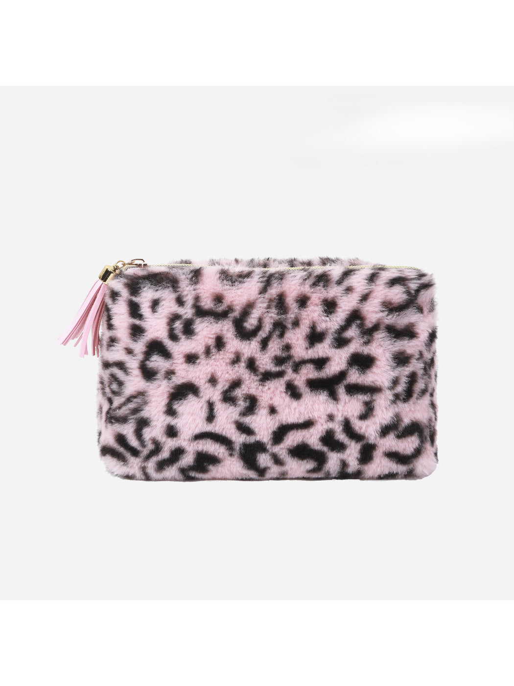 Cosbai plush leopard tassel makeup bag displayed standing upright