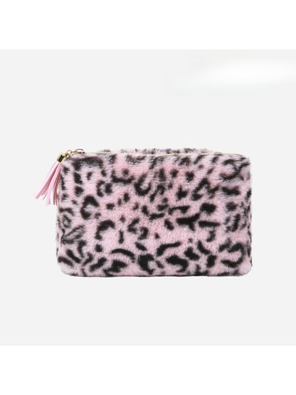 Cosbai plush leopard tassel makeup bag displayed standing upright