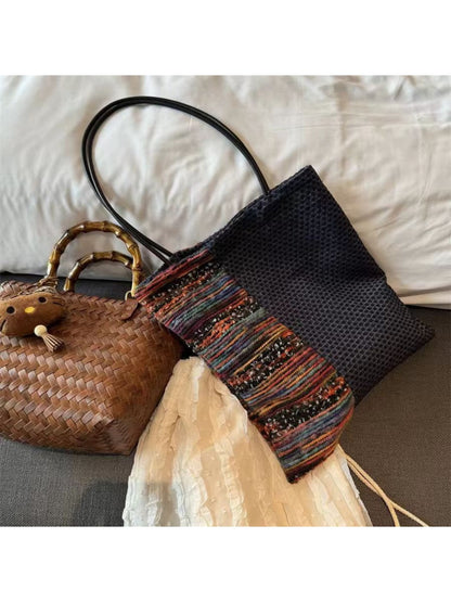 Cosbai - Navy Color-Block Canvas Shoulder Bag
