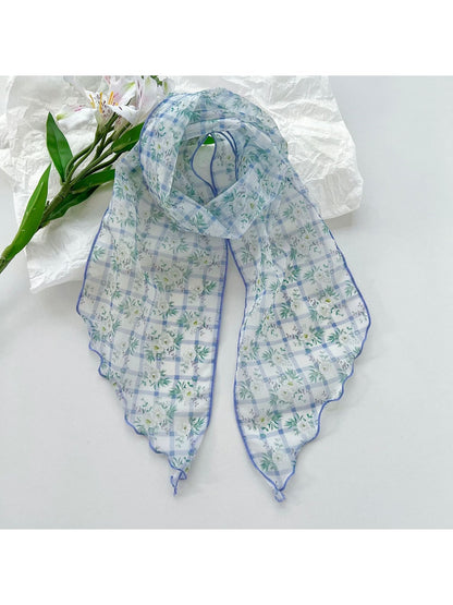 Scarvii - Romantic Floral Printed Ruffled Trim Scarf