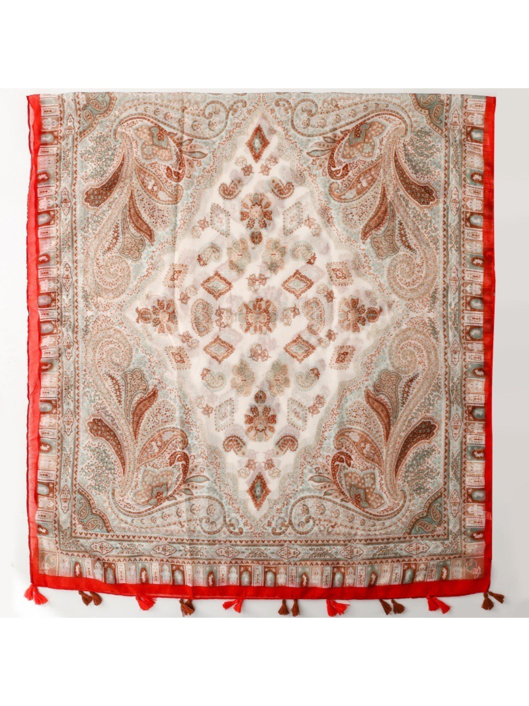 Model wearing boho paisley fringe scarf styled with casual outfit