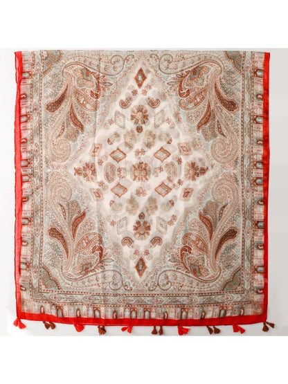Model wearing boho paisley fringe scarf styled with casual outfit