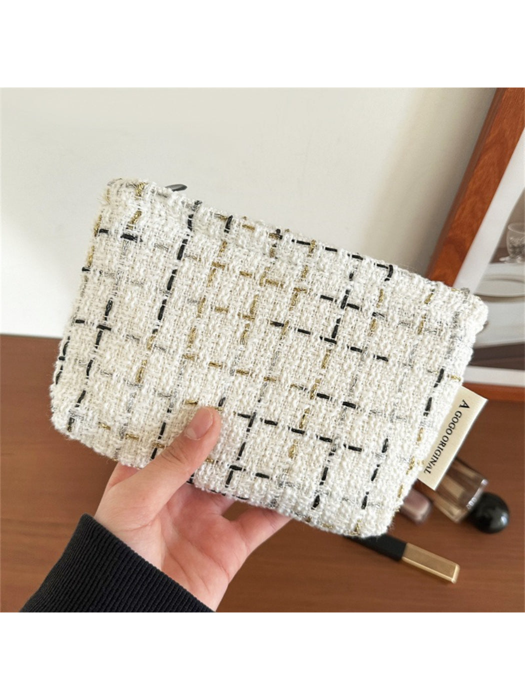 Cosbai Chic Tweed Makeup Organizer Pouch closed and gold pull