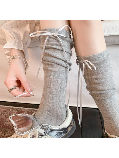 Rufia - Ribbon Bow Detail Solid Color Openwork Crew Socks