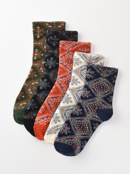 Rufia - Retro Mid-calf Socks with Diamond Floral Patterns
