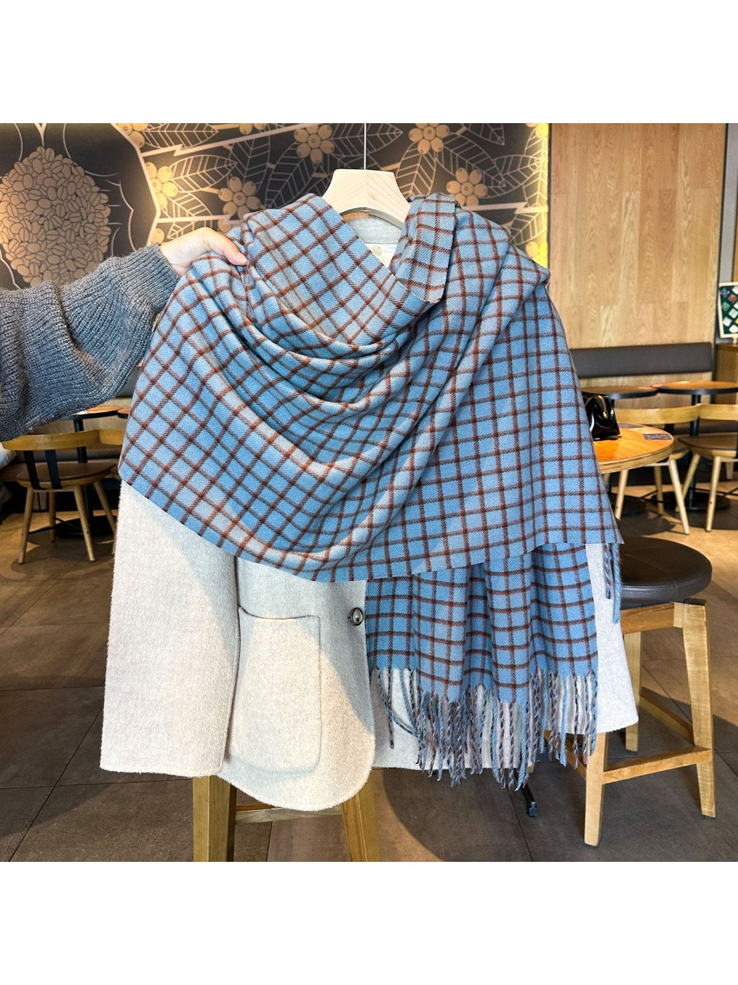 Scarvii - Retro Windowpane Fringe Plaid Scarf
