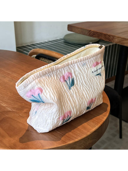 Cosbai – Tulip & Cherry Embossed Canvas Makeup Bag