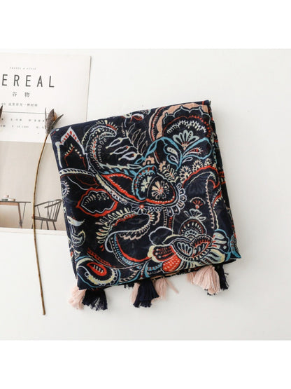 Scarvii - Navy Paisley Print Fringe Scarf - Classic & Versatile