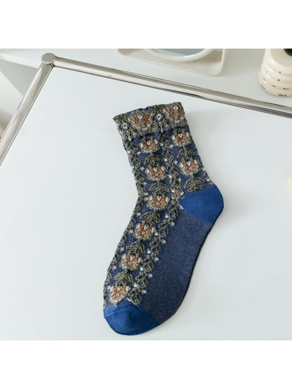 Rufia - Raised Floral Texture Crew Socks