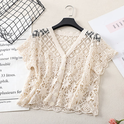 Crosa Crochet Hollow-Out Short-Sleeve Cardigan alternate product view