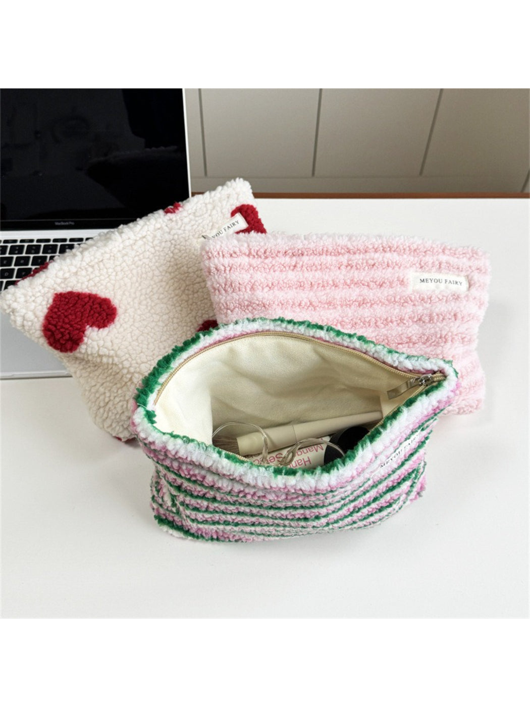 Cosbai - Plush Heart And Stripe Pouch