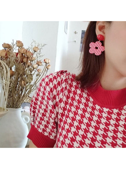 Earwish - Checkerboard Flower Drop Earrings
