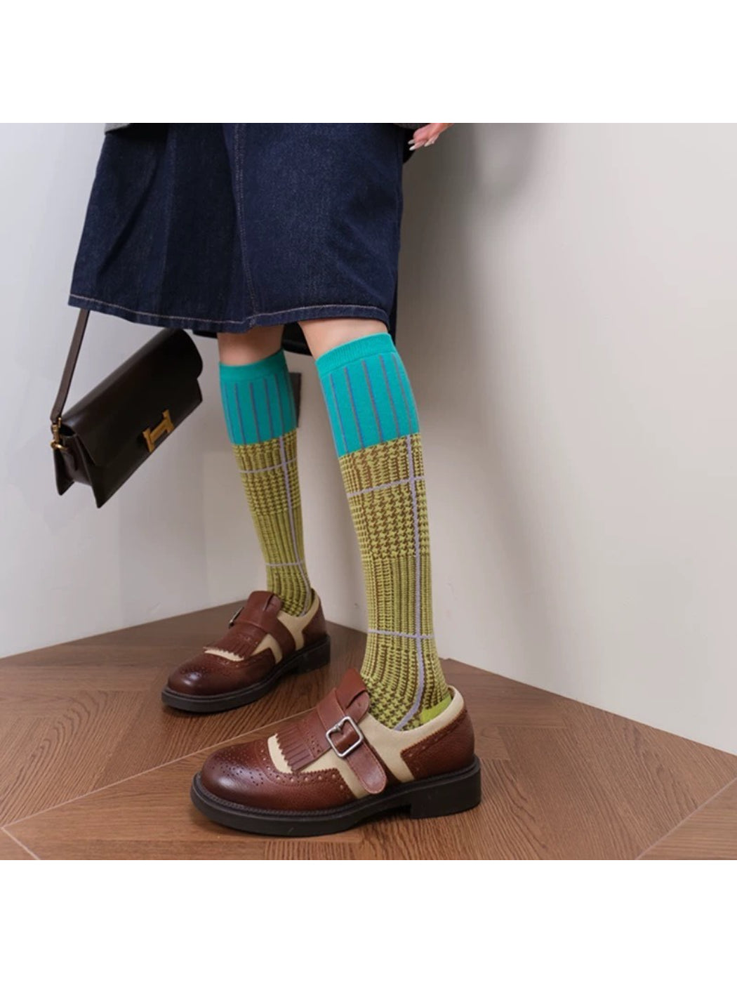 Rufia - Colorblock Plaid Mid-Calf Crew Socks