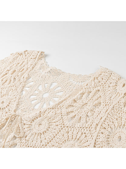 Crosa - Tie Front V Neck Knit Openwork Cardigan