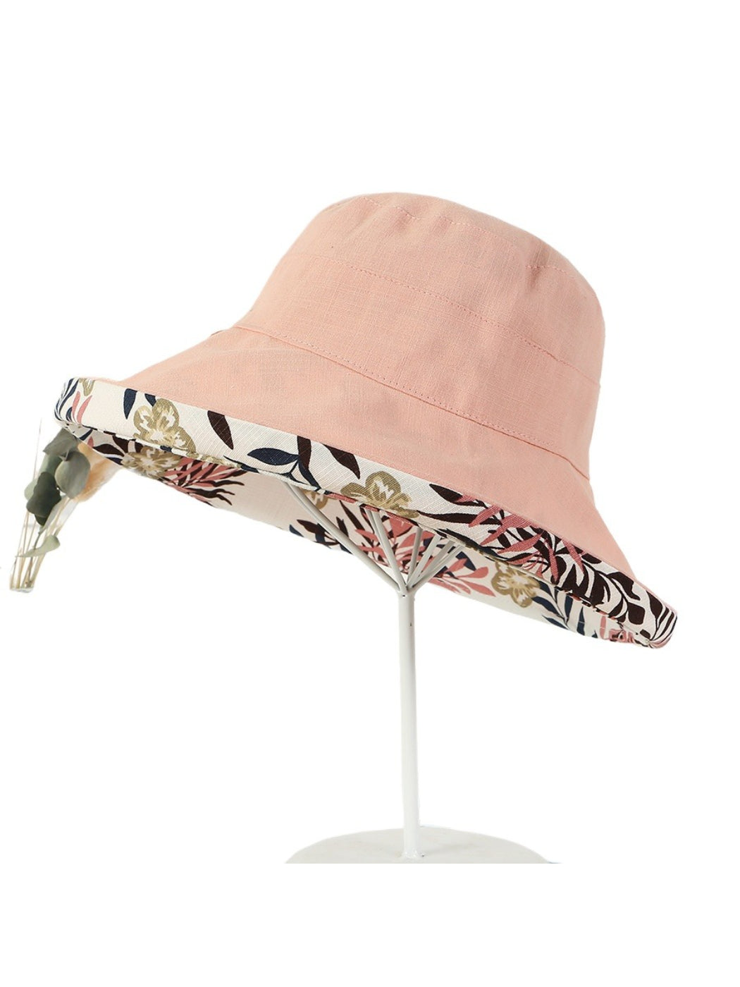 Side view of Haila bucket hat showing floral design and brim shape