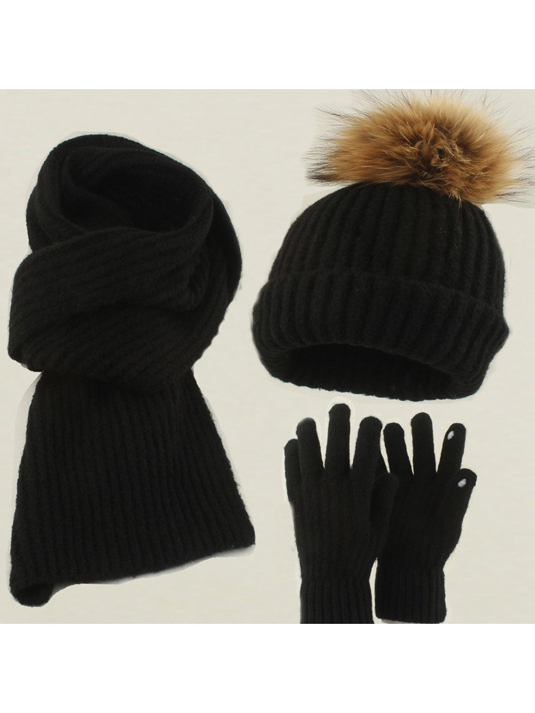 Haila - Round Crown Beanie, Scarf & Glove Set