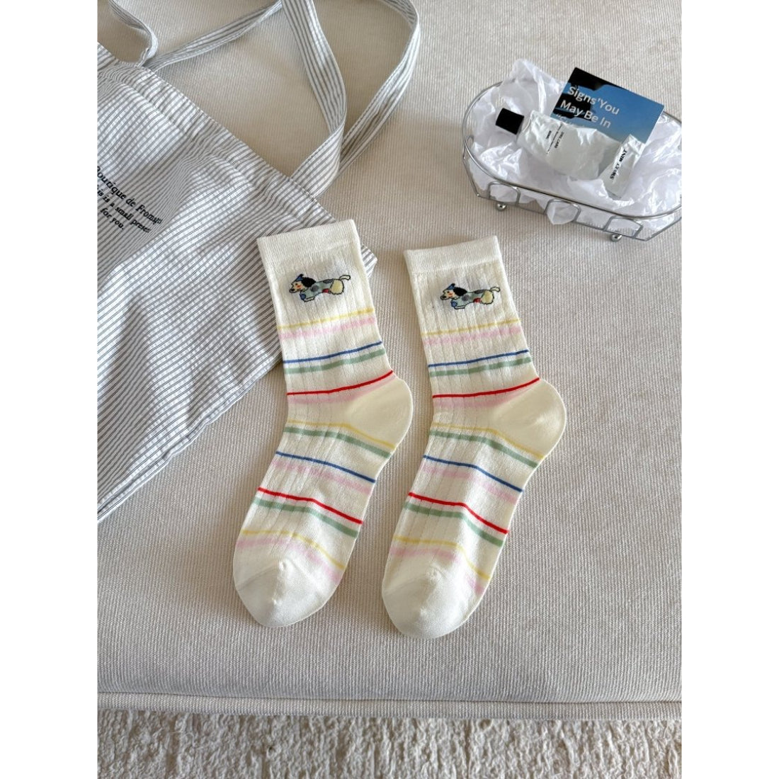 Side view of Rufia Classic Fine Texture Crew Socks highlighting ribbed cuff