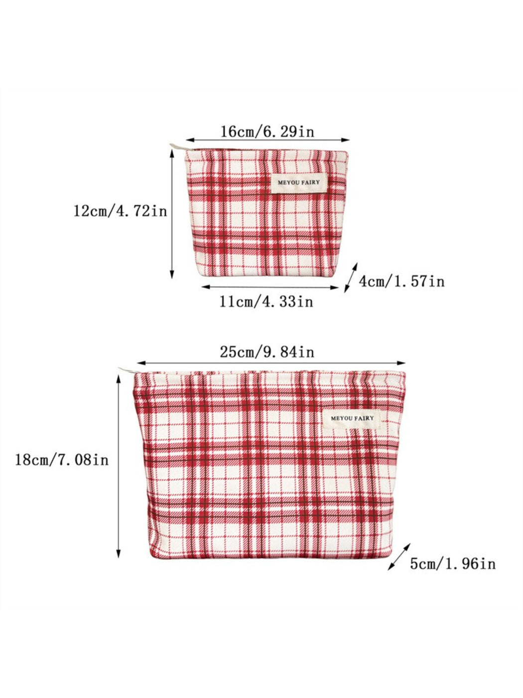 Cosbai red plaid cosmetic bag displayed flat with plaid pattern clearly visible