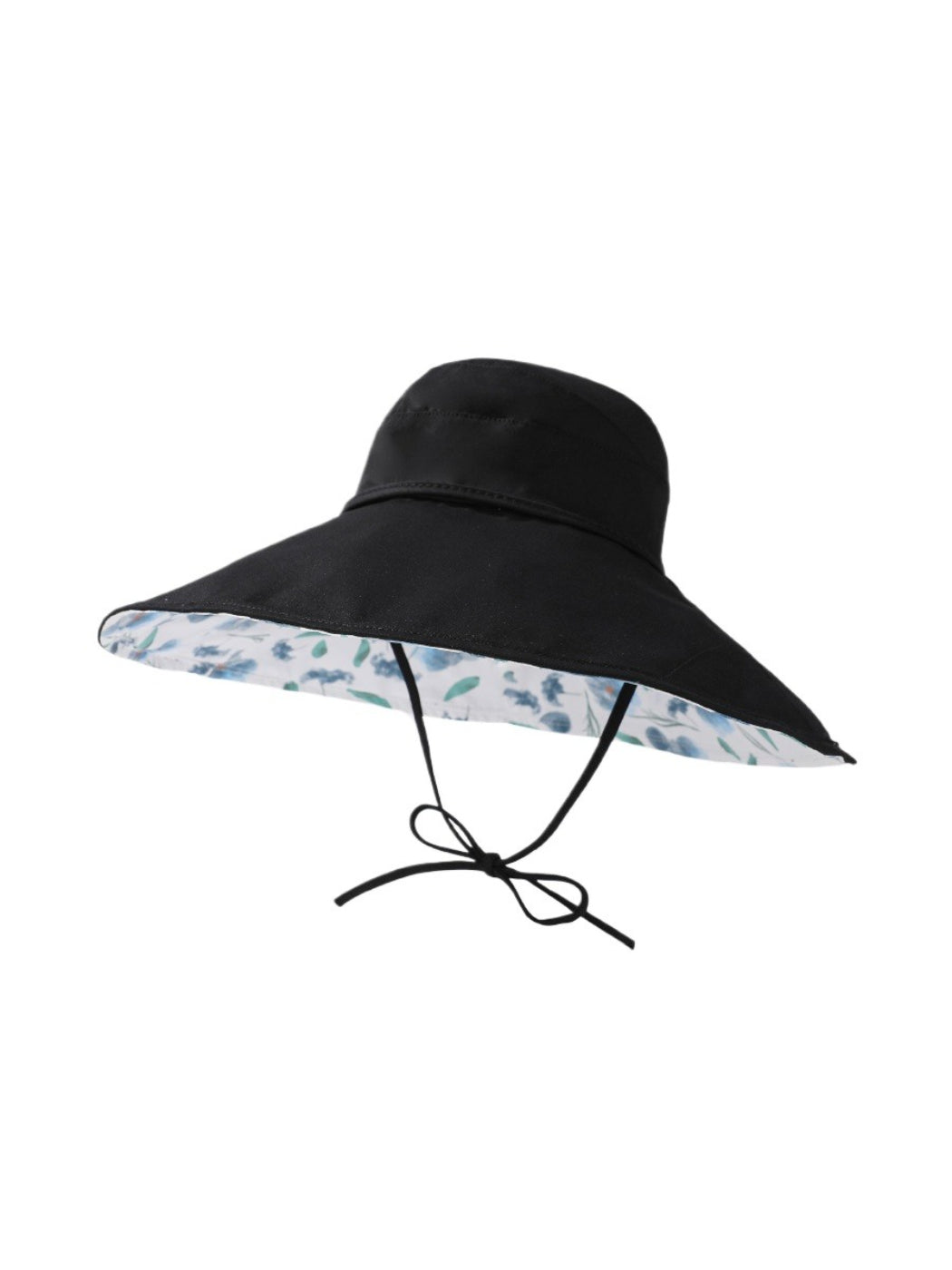 Side view of Haila reversible wide brim hat showing floral design and wide brim