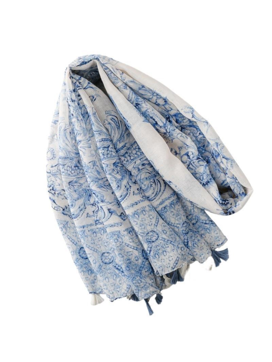 Folded blue baroque scarf highlighting intricate pattern and tassels