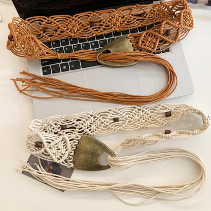 Beco Distressed Metal Woven Vintage Tassel Belt showing woven texture and tassel detail