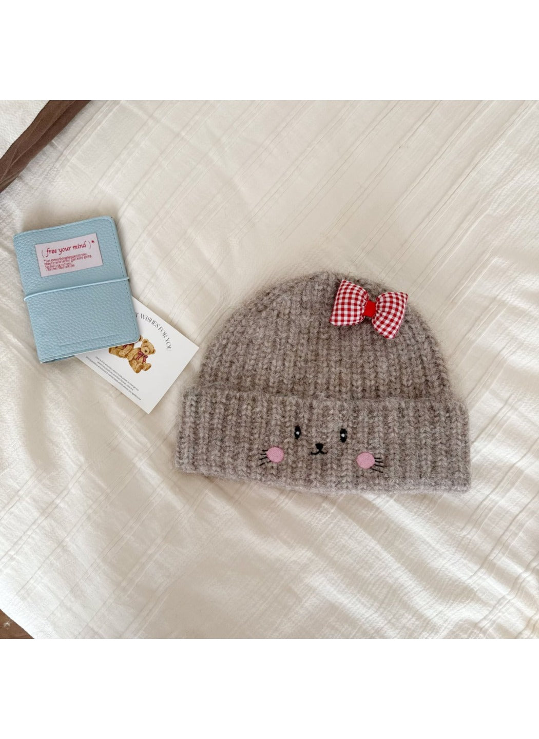 Haila - Cat Face Knit Beanie with Gingham Bow
