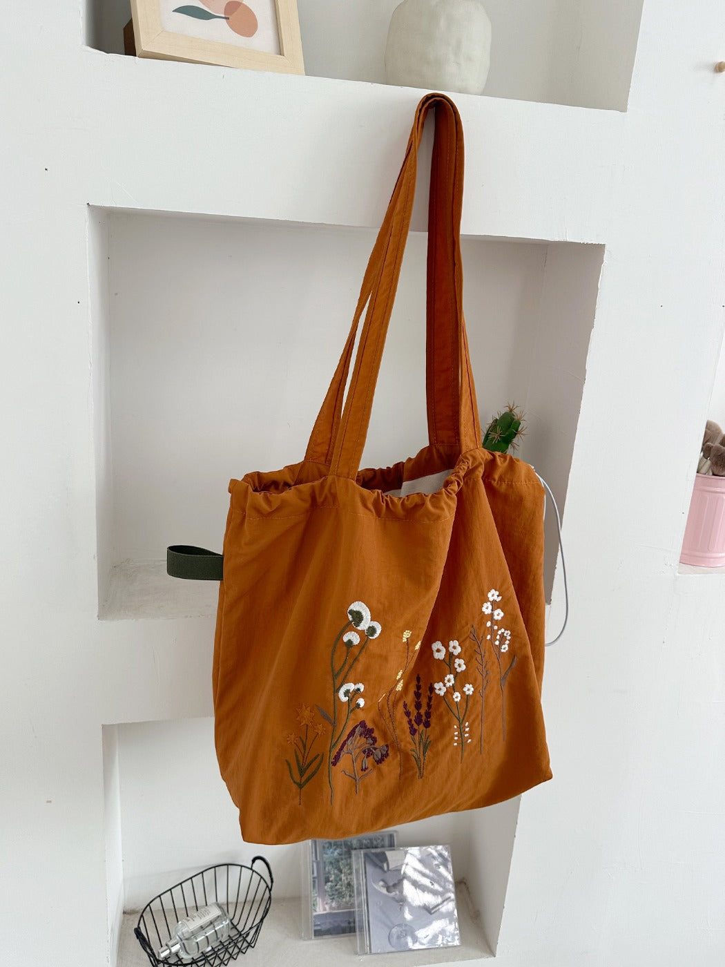 Cosbai - Floral Embroidery Drawstring Tote Bag