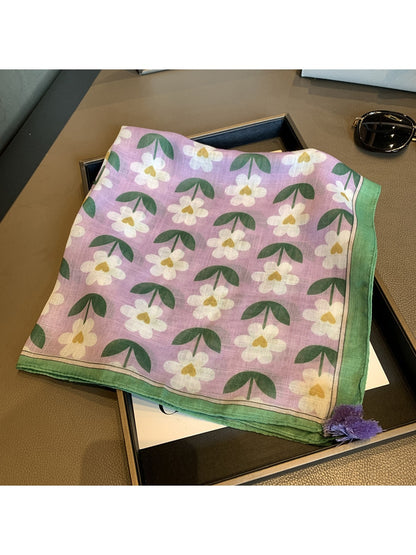 Scarvii - Plumeria Print Tassel Design Square Scarf