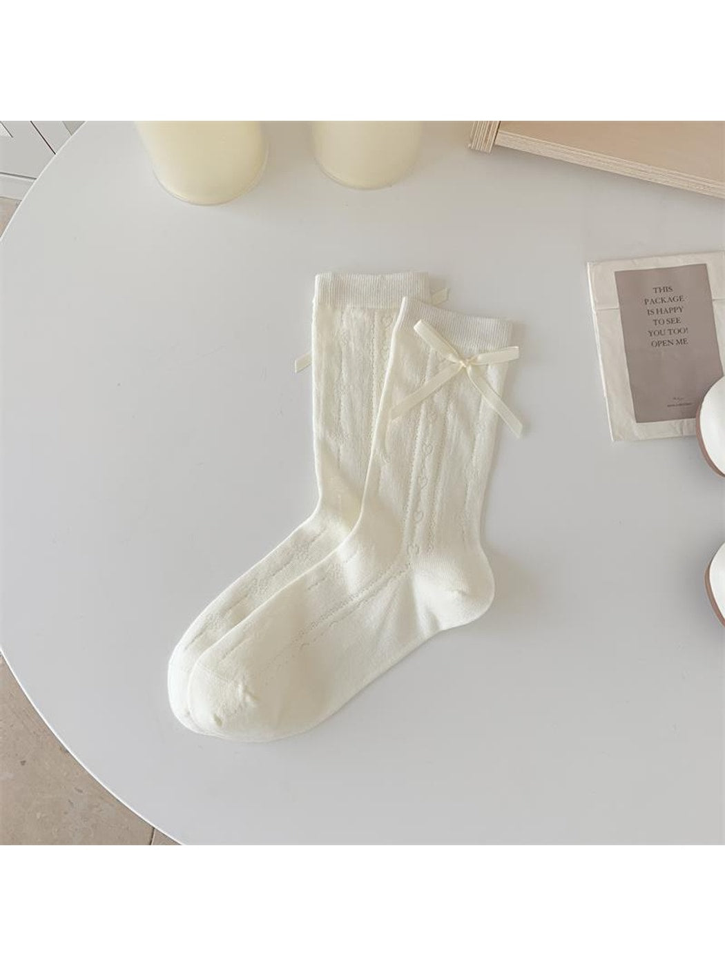 Rufia - White Bow Accent Openwork Crew Socks