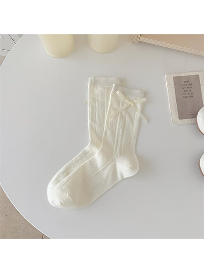 Rufia - White Bow Accent Openwork Crew Socks