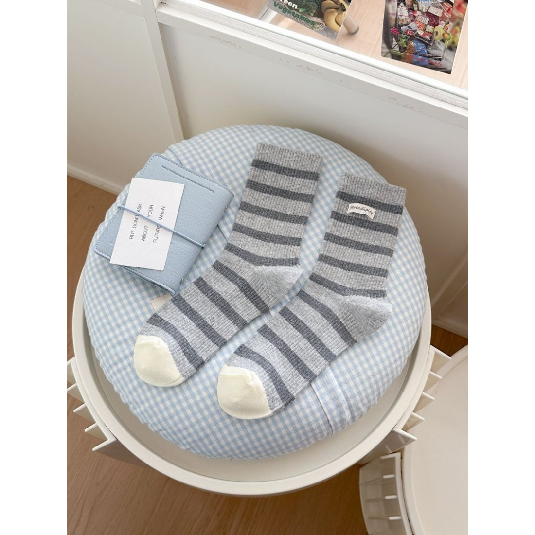Rufia socks folded to display stripe design and soft material