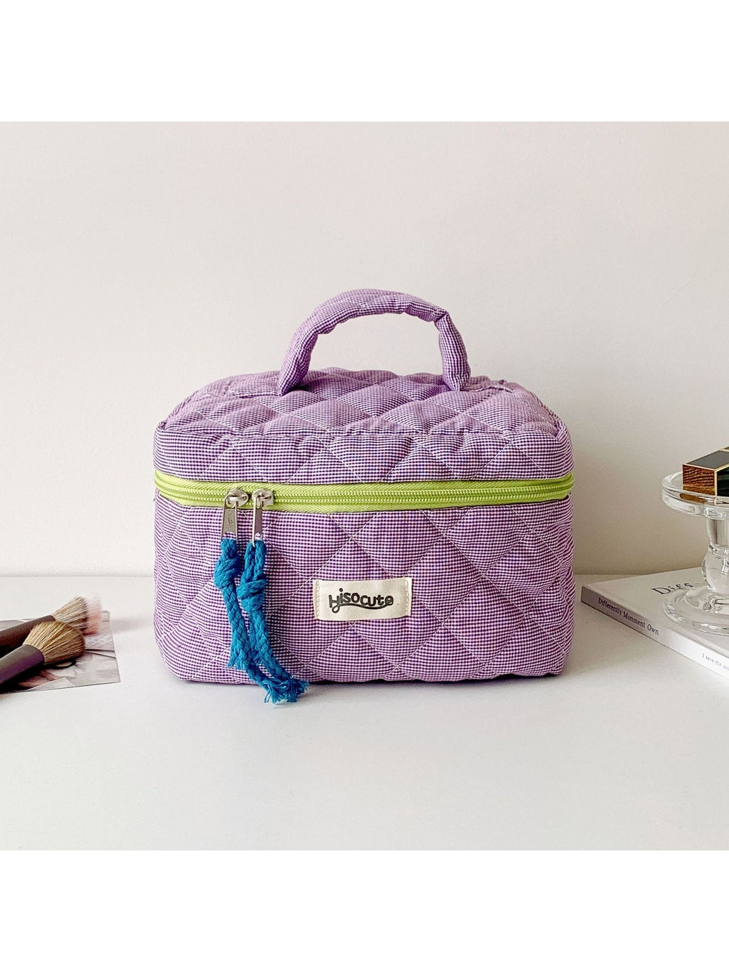 Cosbai - Checkered Zipper Makeup Organizer Bag